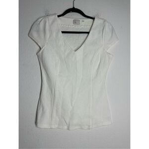 Anthropologie Postage Stamp VNeck Blouse Top Stretch Ivory Cap Sleeve Size M